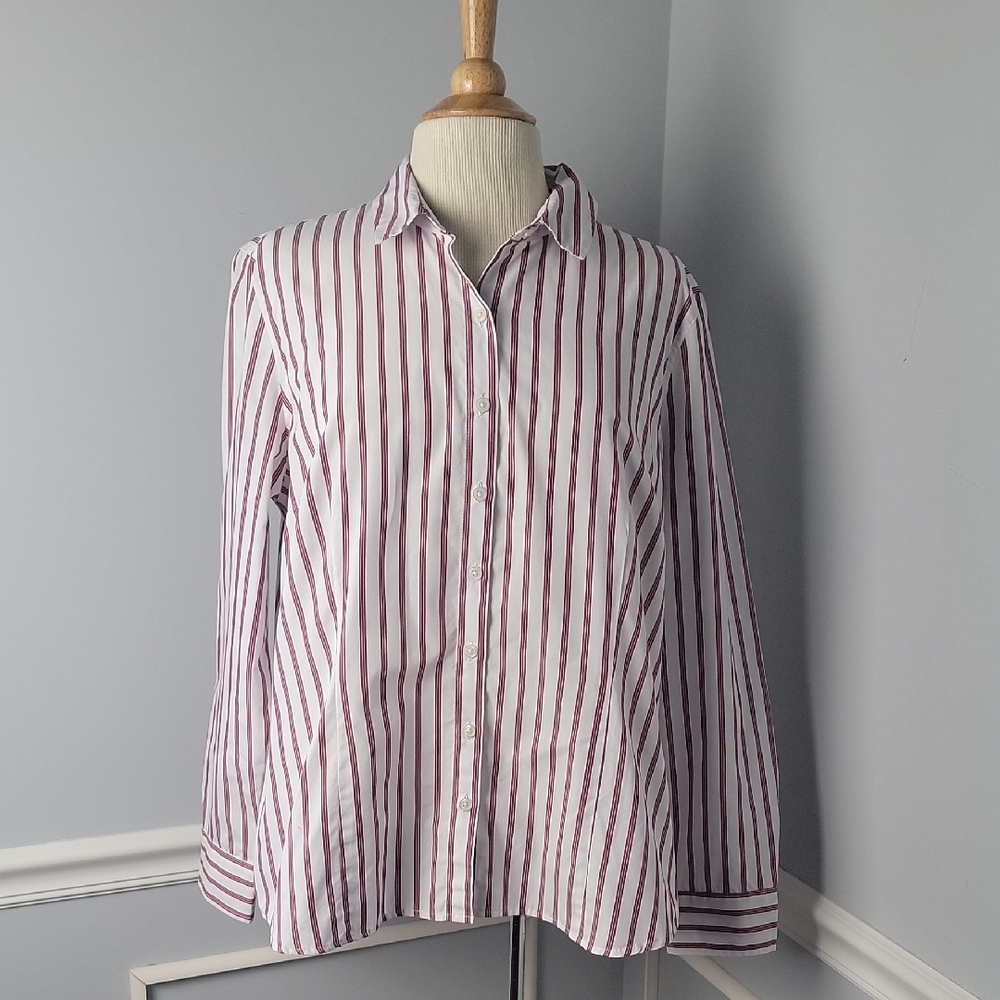 VAN HEUSEN Burgundy White Striped Button Up Professional Casual Blouse Shirt XL
